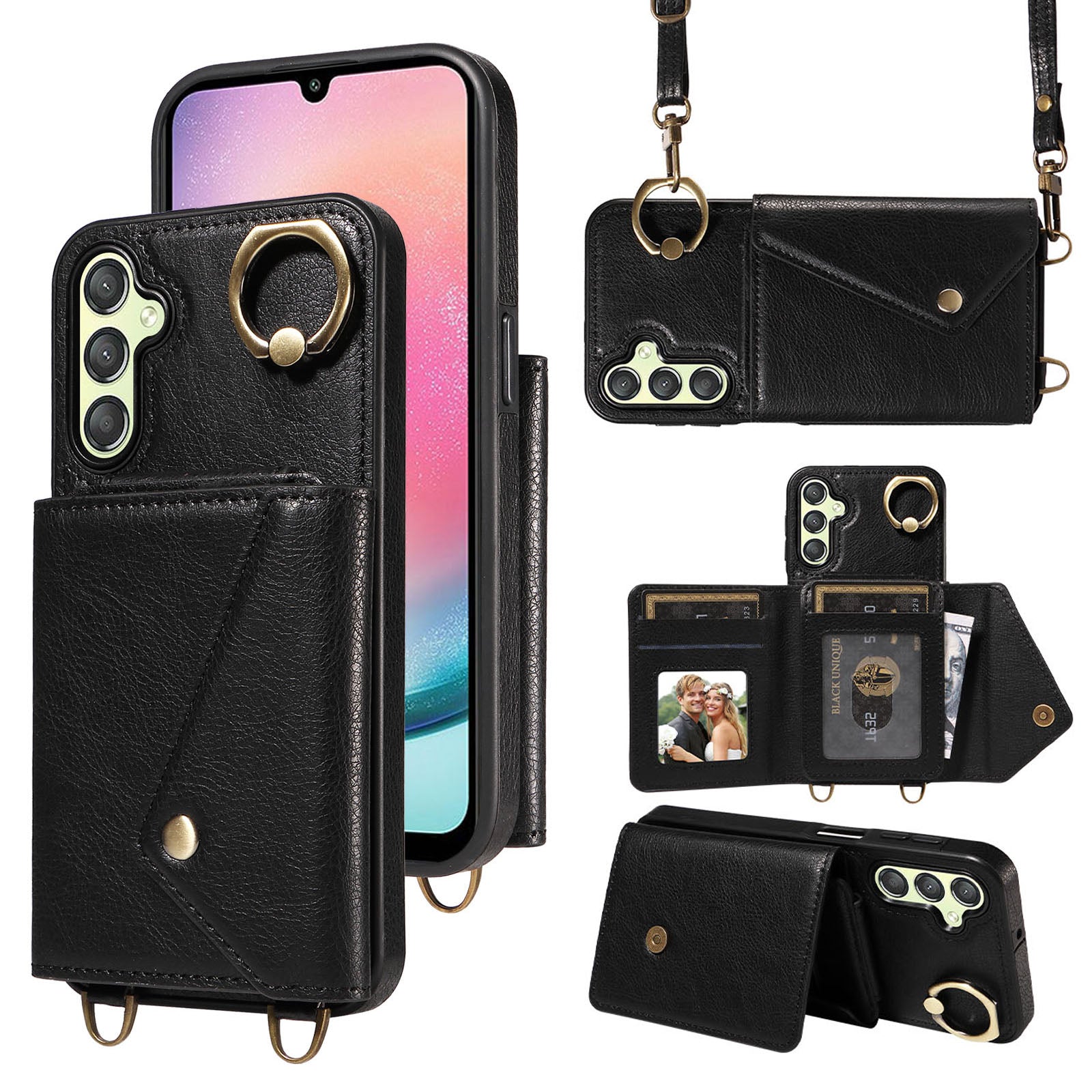 002 For Samsung Galaxy A24 4G A25 5G Card Bag Ring Kickstand Shockproof Cover Litchi Texture Leather Coated TPU Phone Case with Shoulder Strap 002 For Samsung Galaxy A24 4G A25 5G Card Bag Ring Kickstand Shockproof Cover Litchi Texture Leather Coated TPU Phone Case with Shoulder Strap